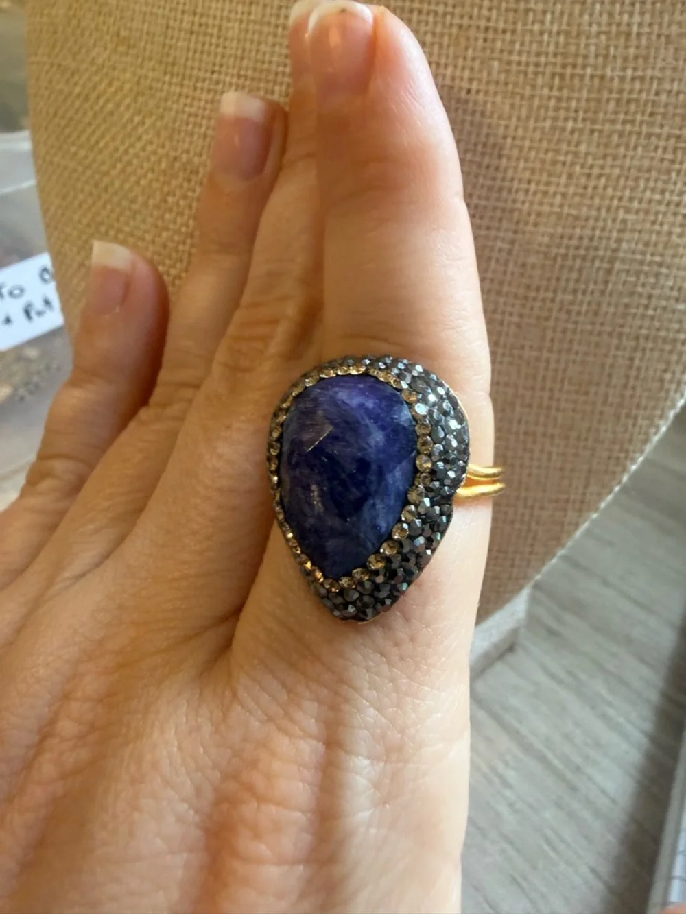 Gold Band Teardrop Blue Stone Cocktail Ring - Women Jewelry